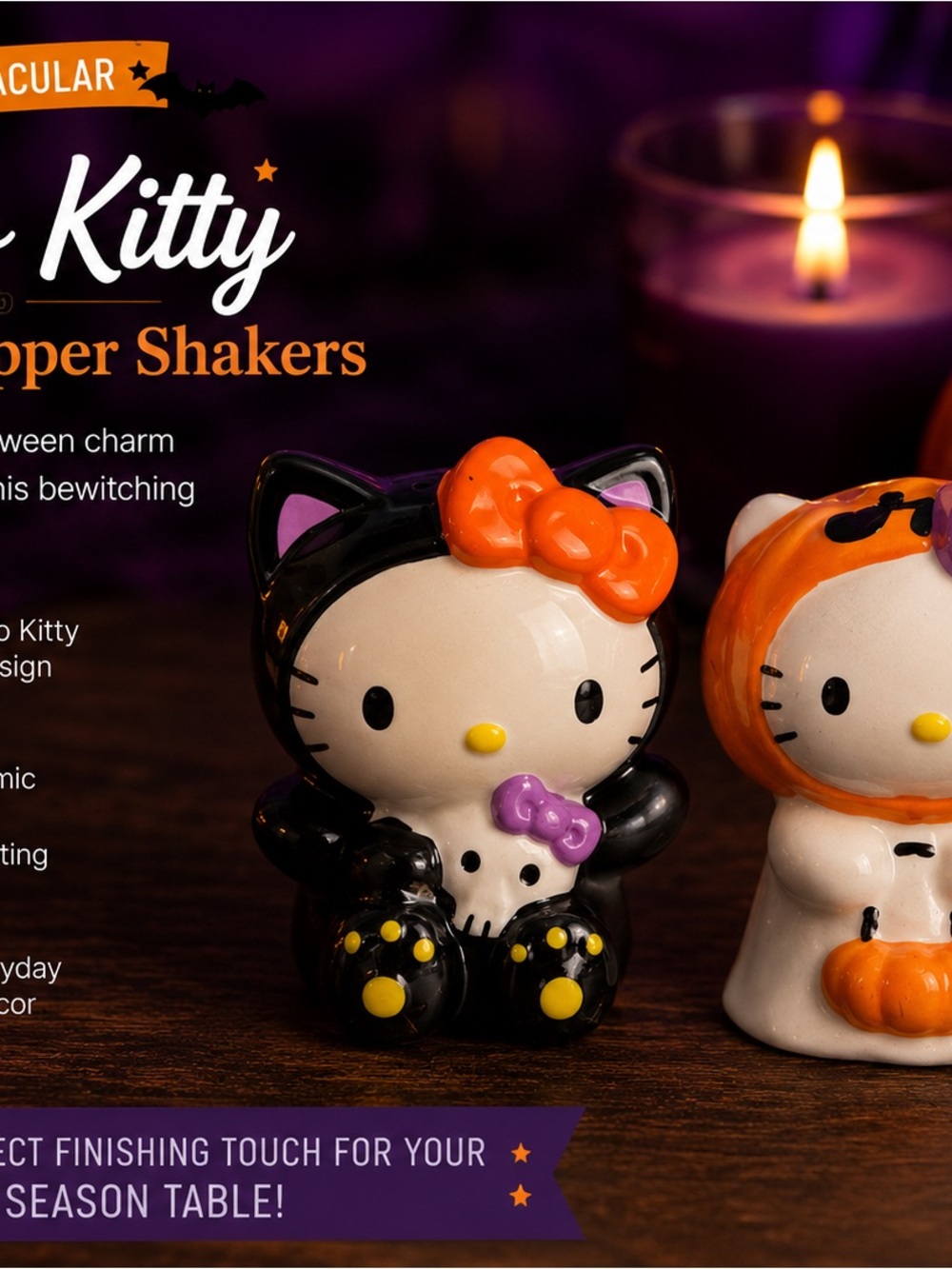 Hello Kitty Black and Orange Halloween Cat Salt & Pepper Shaker